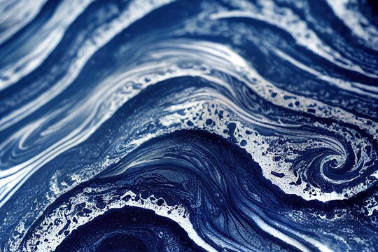 Blue Foamy Water Swirl And Marine Wave Flowing Liquid Motion Abstract Background. Fluid Art Resin Epoxy Craft Acrylic Painting Technique With Trendy Dynamic Effect Design