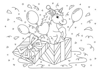 Naklejka premium A cheerful unicorn jumps out of a gift box. Coloring book page for kids. Cartoon style character. Vector illustration isolated on white background.