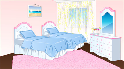 Pyjama Party Teen Girly Bedroom Background Scene in Cartoon Style. Vector Illustration