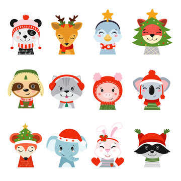 Set of christmas illustrations for the heads of animals. Vector xmas illustration of beautiful mammals.