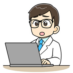 困った顔でパソコンを打ち込む白衣の男性