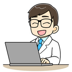 Fototapeta na wymiar 笑顔でパソコンを打ち込む白衣の男性