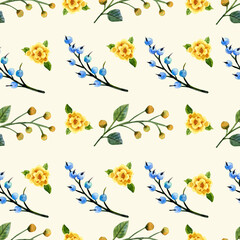 Wedding watercolor seamless pattern: rounded yellow flowers and bluish berries.