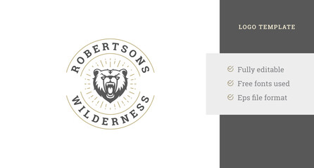 Roaring angry bear head with open mouth circle vintage logo design template vector illustration