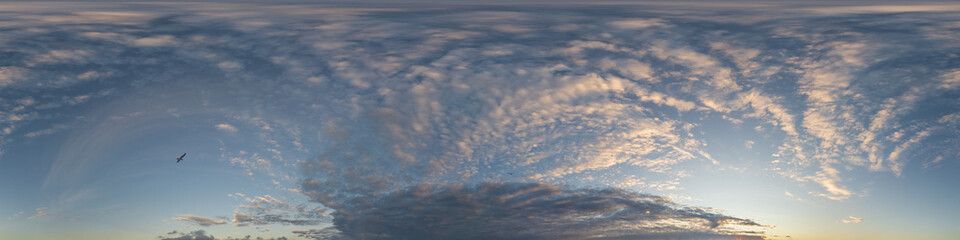 Dark blue twilight sky panorama with Cirrus clouds. Seamless hdr 360 panorama in spherical equiangular format. Full zenith or sky dome for 3D visualization, sky replacement for aerial drone panoramas