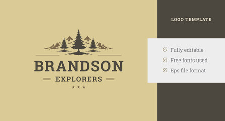 Wild spruce trees forest at mountain travel exploration vintage logo design template vector