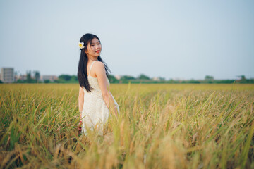 girl walking on rice fields