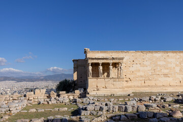 Fototapeta premium Erechtheion, Temple of Athena Polias on Acropolis of Athens, Greece. View of The Porch of the Maidens with statues of caryatids