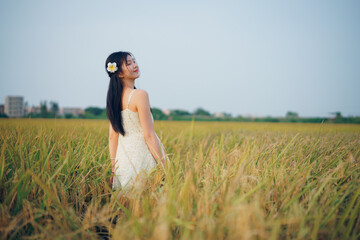 girl walking on rice fields