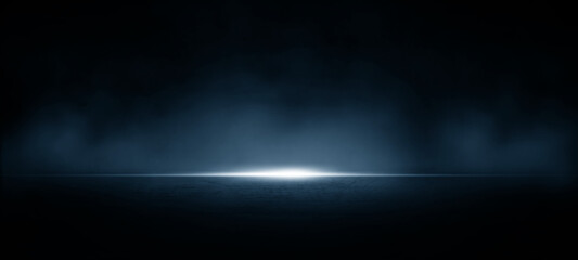 Dark street, dark background asphalt, empty dark scene, neon lights, spotlights, concrete floor and studio room with smoke rising in trade show surface, night view  for background with copy space