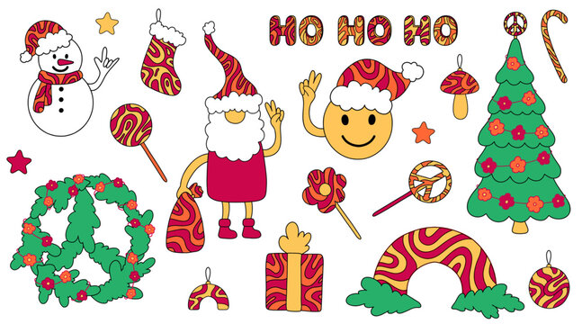 Groovy hippie Christmas stickers with wave pattern: baubles, rainbow, wreath, stars, snowman, smile, santa claus, lollipops, stocking, christmas tree