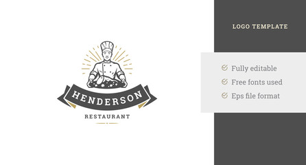 Smiling chef kitchen staff with fresh cooked meat on serving plate vintage logo template vector