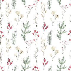 Winter watercolor seamless pattern. Perfect for your design, postcards, packaging and textiles.