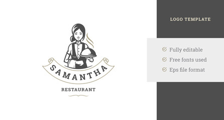Friendly woman waitress hot dish on covered serving plate vintage logo design template vector - obrazy, fototapety, plakaty