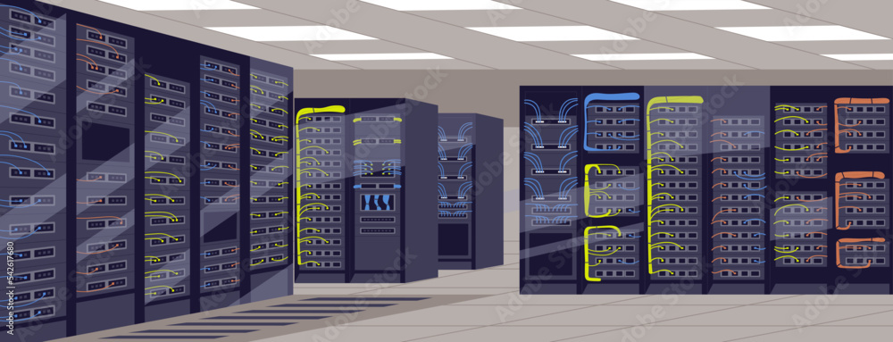 Poster server room with racks, equipment, cabinets, computer hardware cluster for digital information stora