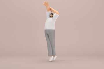 The man with beard wearinggray corduroy pants and white collar t-shirt.  He is doing exercise.  3d illustrator of cartoon character in acting.