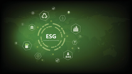 Obraz premium World sustainable environment concept.Green earth ESG icon for Environment Social and Governance. Solving environmental, social and management problems with figure icons.