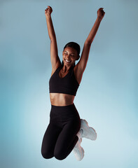 Celebration, success and woman excited about fitness, gym and health against blue mockup studio...