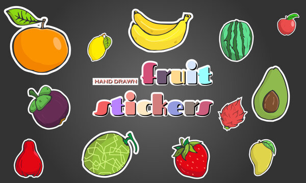 a collection of illustrations of various fresh fruits. vegetarian food, consumption of fresh fruit for health. assorted fresh fruit stickers