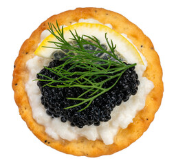Black Caviar on egg white with Sour Cream and biscuit isolated on white background, Black caviar...