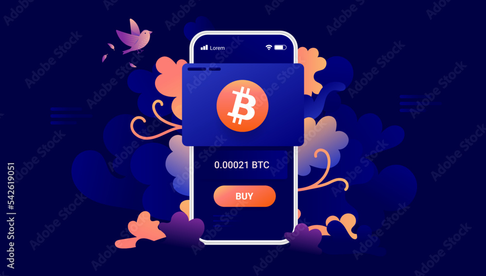 Poster Buying Bitcoin on mobile phone - Smartphone with crypto currency app and buy button with decorative beautiful dark background design. Vector illustration