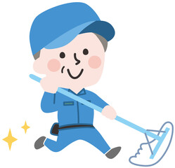  モップをかける清掃員のシニア男性イラスト