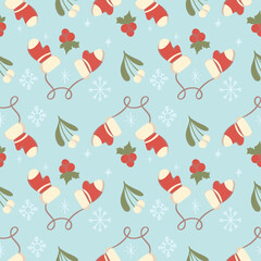Cute Christmas seamless pattern with Christmas gift box, stockings, mittens, snowflakes, holly. Hand drawn Vector illustration