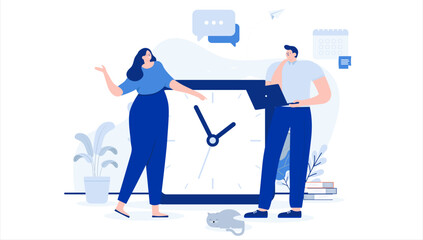Work and time illustration - Two people, man and woman with big click working and discussing time management. Flat design cartoon vector illustration with white background