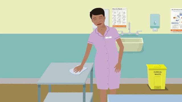 Nurse cleaning hospital table animation. Female cartoon cleaning table at hospital motion graphics.