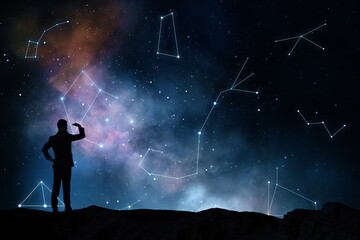 Stars will prompt and horoscope concept with black man silhouette on the earth looking into the...