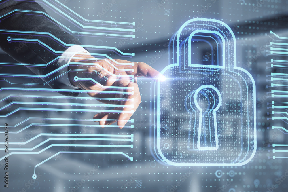 Poster close up of man hand pointing at abstract glowing secure web safety and protection hologram on blurr