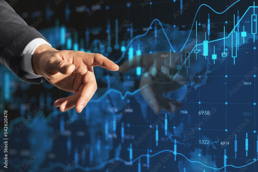 Poster close up of man hand pointing at creative candlestick forex chart index hologram on blurry blue back
