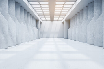 Modern concrete gallery interior with sunlight and shadows. 3D Rendering. - obrazy, fototapety, plakaty