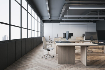 Clean concrete coworking office interior with wooden flooring, window and city view, furniture and equipment. 3D Rendering.