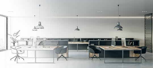Modern office interior half sketch. Designer interiors and blueprint concept. 3D Rendering.