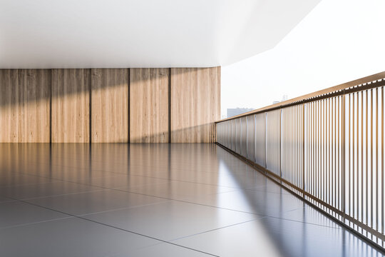 Blank glossy ceramic tiles floor for your product presentation on wooden wall background and metallic railing on the right. 3D rendering, mockup