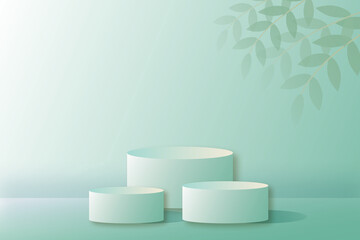 Cylinder podiums with leaves and geometrical forms on green background. Scene to show cosmetic product, showcase, display case, platform for product display presentation. 3d paper cut design style.
