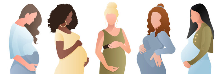 Pregnant women of different nationalities, races, hold a large round belly with their hands. Vector illustration