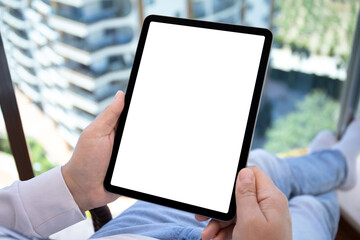 male hands hold computer tablet with isolated screen background office