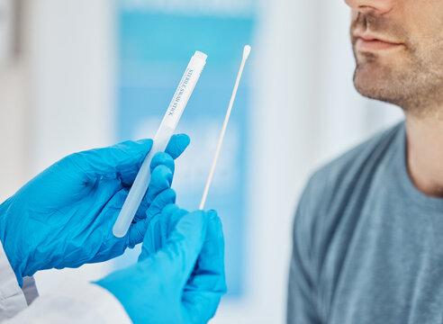 Pcr, covid and nurse doing test on patient in clinic or hospital consulting room. Healthcare, pandemic and medical worker holding pcr test equipment, cotton bud and test tube for covid 19 virus