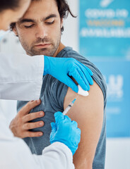 Covid, vaccine and injection with a man patient getting his booster shot in a hospital with a...