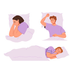 Set of happy people lying with pillows and blankets, sleeping alone in beds. Asleep men and women. Deep dream and bedtime concept. Flat vector illustration isolated on white background.