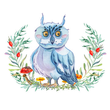 Watercolor cute animal owl, rosehip wreath, hand drawn portrait illustration isolated on white background. Beautiful floral arrangement with watercolor cute owl and wildflowers. retro cartoon owl