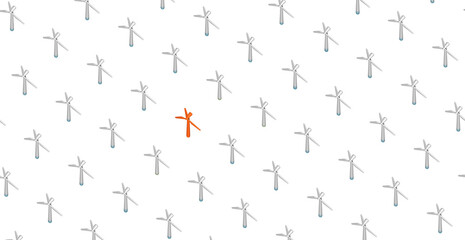 3D illustration of a pattern formed by wind turbines between which there is a different one.