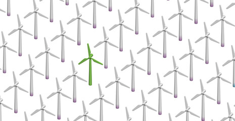 3D illustration of a pattern formed by wind turbines between which there is a different one.