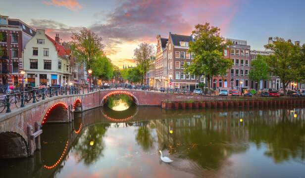 Panoramic of Amsterdam. Colorful sunrise quiet morning in Amsterdam. Typical old houses and bridges, a swan swims. Reflection in water. Amsterdam, Holland, Netherlands