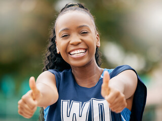 Thumbs up, black woman and netball success, winner and summer sports motivation outdoor in Brazil....