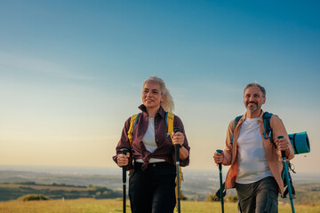 Middle age couple using hiking poles, hiking