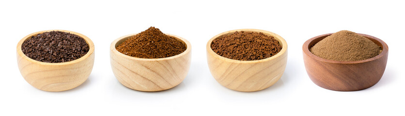 Roasted coffee beans and coffee powder (ground coffe) in wooden bowl isolated on white background.