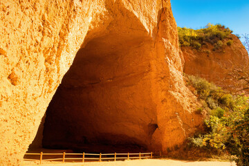 Impressive cave in one of the cliffs of the natural park of Las Médulas, Castilla y Léon, Spain